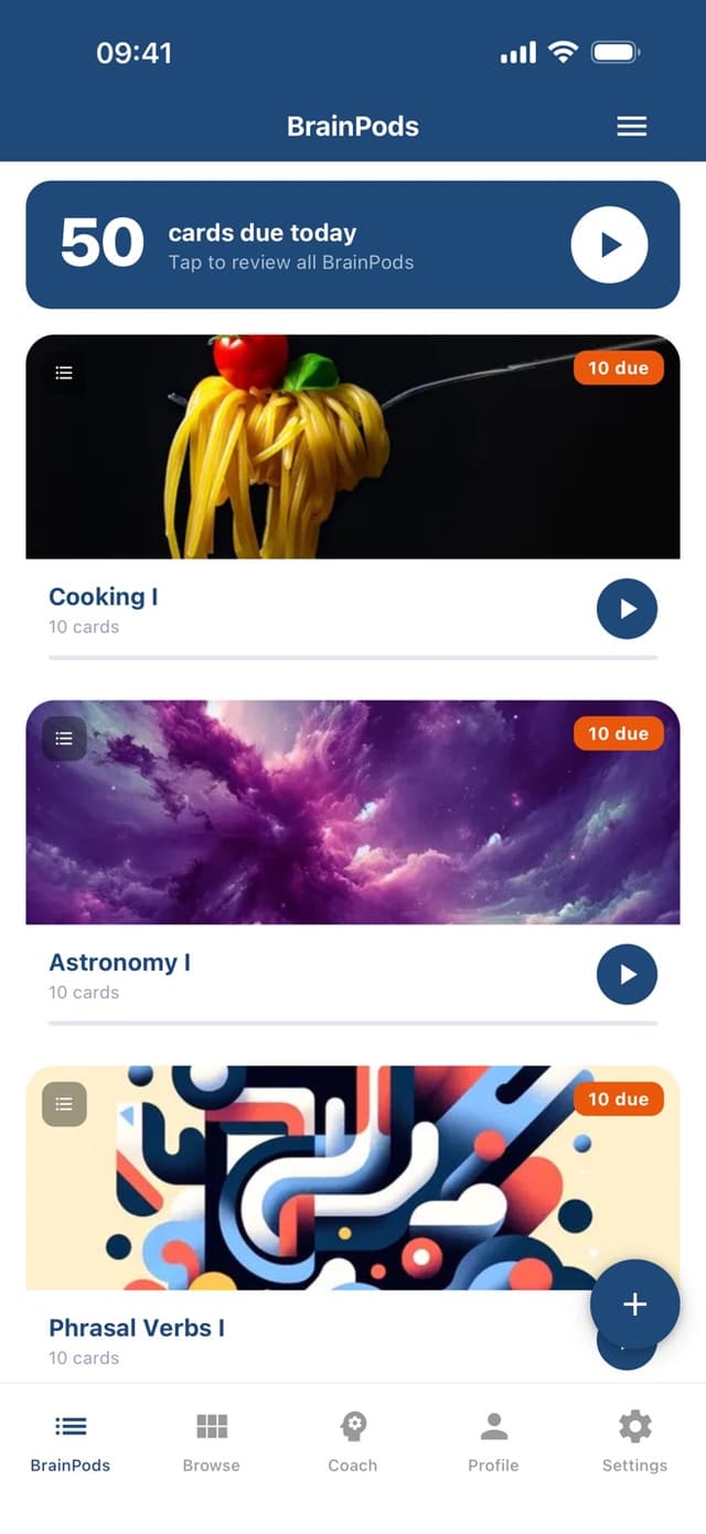 BrainPods home screen with 50 cards due today