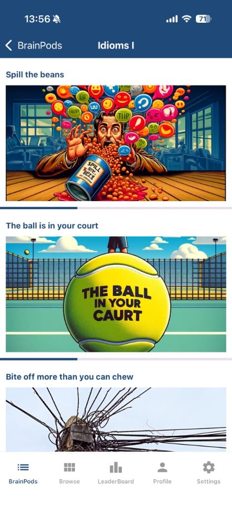 Flashcards with AI images – Spill the beans, The ball is in your court